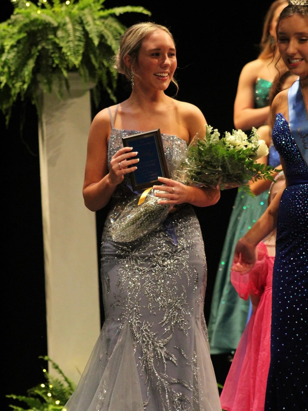 periwinkle Embellished Spaghetti-Strap Evening Gown